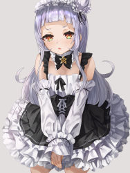 Rule 34 | 1girl, alternate costume, bare shoulders, black bow, black skirt, blunt bangs, bow, brown eyes, bun cover, detached sleeves, forehead, frilled skirt, frills, grey background, hair bun, highres, hololive, konkito, long sleeves, murasaki shion, parted lips, puffy long sleeves, puffy sleeves, silver hair, simple background, single hair bun, single side bun, skirt, sleeves past wrists, solo, v arms, virtual youtuber, white sleeves