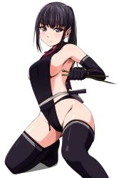 Rule 34 | 1girl, bare hips, black hair, black thighhighs, blush, breasts, highres, holding, holding weapon, long hair, looking at viewer, matsunaga kouyou, medium breasts, ninja, no bra, original, sideboob, simple background, solo, split mouth, thighhighs, weapon, weapon request, white background