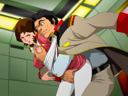Rule 34 | 1boy, 1girl, belt, black hair, blush, bonjin-do, grabbing another&#039;s breast, breasts, brown eyes, brown hair, fingering, grabbing, gundam, hetero, highres, jacket, large breasts, legs, looking back, mirai yashima, mobile suit gundam, molestation, nipples, no bra, one breast out, open clothes, open mouth, short hair, standing, thighs, uniform