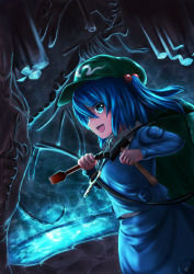 Rule 34 | 1girl, :d, backpack, bag, blue eyes, blue hair, blue shirt, blue skirt, carving, cowboy shot, flat cap, from side, hair bobbles, hair ornament, hammer, hat, indoors, kawashiro nitori, key, long sleeves, looking at viewer, looking to the side, luke (kyeftss), open mouth, pond, profile, shirt, sideways mouth, skirt, skirt set, smile, solo, touhou, two side up