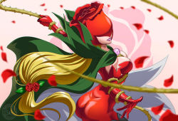 Rule 34 | 1girl, ass, blonde hair, bodysuit, breasts, cape, curvy, digimon, dimples of venus, flower, large breasts, long hair, petals, red bodysuit, rose, rosemon, shiny clothes, sideboob, skin tight, smile, solo, teeth, thorns, whip