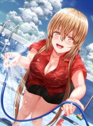 Rule 34 | 1girl, black bow, black skirt, blue sky, bow, breasts, broom, brown eyes, brown hair, cloud, day, empty pool, hair bow, hair ornament, hairclip, holding, holding hose, hose, kantai collection, long hair, low twintails, medium breasts, outdoors, partially unbuttoned, pool, red shirt, sabakuomoto, shirt, short sleeves, skirt, sky, solo, tashkent (kancolle), twintails, water, wet, wet clothes