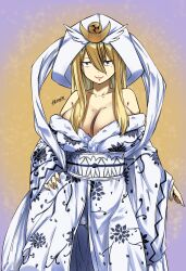 Rule 34 | 1girl, bare shoulders, blonde hair, breasts, cleavage, collarbone, fairy tail, highres, japanese clothes, large breasts, long hair, red eyes, selene (fairy tail), solo