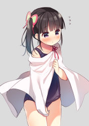 Rule 34 | 1girl, bare shoulders, black hair, blue one-piece swimsuit, blunt bangs, blush, butterfly hair ornament, cloak, collarbone, flying sweatdrops, grey background, hair ornament, hanamiya natsuka, hand up, kimetsu no yaiba, looking away, nose blush, old school swimsuit, one-piece swimsuit, parted lips, purple eyes, school swimsuit, side ponytail, simple background, solo, standing, swimsuit, tsuyuri kanao, white cloak