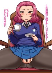 Rule 34 | 1girl, blush, brown eyes, censored, chair, cup, from below, girls und panzer, holding, holding cup, mimuni362, pantyhose, pussy, pussy peek, red hair, rosehip (girls und panzer), school uniform, short hair, sitting, skirt, solo, st. gloriana&#039;s (emblem), st. gloriana&#039;s school uniform, sweater, text focus, torn clothes, torn pantyhose, translation request, white background
