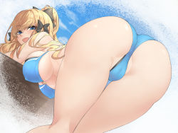 Rule 34 | 1girl, ass, bare shoulders, bikini, blonde hair, blue eyes, blush, bow, breasts, cameltoe, come hither, from behind, gingami (giluziru), hair bow, huge ass, large breasts, leaning, leaning forward, long hair, looking at viewer, looking back, open mouth, original, ponytail, shiny skin, smile, solo, swimsuit, underboob