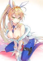 Rule 34 | 1girl, animal ears, artoria pendragon (all), artoria pendragon (fate), artoria pendragon (swimsuit ruler) (fate), bare shoulders, between legs, blonde hair, blue necktie, blue pantyhose, blush, braid, breasts, cleavage, collar, collarbone, commentary request, detached collar, fake animal ears, fate/grand order, fate (series), green eyes, hair between eyes, hand between legs, high ponytail, highres, large breasts, leaning forward, leotard, long hair, looking at viewer, necktie, pantyhose, parted lips, playboy bunny, ponytail, rabbit ears, rabbit girl, rabbit tail, short necktie, sidelocks, solo, strapless, strapless leotard, tail, thigh strap, tiara, tomozero, very long hair, white collar, white leotard, wing collar, wrist cuffs