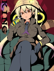 Rule 34 | 1girl, absurdres, arm rest, black pantyhose, blonde hair, brown jacket, couch, crossed legs, detached hood, drinking straw, feet out of frame, gloves, hair between eyes, hand up, high contrast, highres, holding, hood, hood up, jacket, kemono friends, king cobra (kemono friends), lemon milk, light smile, long hair, long sleeves, looking at viewer, multicolored eyes, multicolored hair, necktie, on couch, pantyhose, parted lips, pink hair, red eyes, shimosazami, sitting, skirt, snake tail, solo, tail, tan, twintails, two-tone hair, v-shaped eyebrows, very long hair, yellow eyes