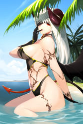 Rule 34 | 1girl, bikini, black bikini, black gloves, breasts, demon horns, demon tail, eyepatch, female focus, finger in own mouth, gloves, groin, highres, horns, large breasts, long hair, looking at viewer, naughty face, outdoors, partially submerged, red eyes, sideboob, silver hair, sitting, smile, snowball22, solo, swimsuit, sword girls, tail, tattoo, wariza, water