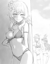 Rule 34 | 3girls, amber (genshin impact), ball, bikini, bikini pull, blush, breasts, cleavage, closed eyes, closed mouth, clothes pull, eula (genshin impact), flower, genshin impact, greyscale, hair between eyes, hair flower, hair ornament, hairband, highres, holding, holding ball, long hair, looking at viewer, lumine (genshin impact), medium breasts, monochrome, multiple girls, nipples, one breast out, open mouth, sbs, swimsuit