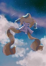 Rule 34 | absurdres, closed eyes, closed mouth, cloud, commentary request, creatures (company), full body, game freak, gen 3 pokemon, hand up, highres, jirachi, legendary pokemon, mythical pokemon, nintendo, no humans, outdoors, pinon (suiseiseki1999), pokemon, pokemon (creature), shooting star, sky, smile, solo, star (sky), starry sky
