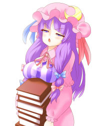 Rule 34 | 1girl, bad id, bad pixiv id, book, bow, breast rest, breasts, carried breast rest, carrying, covered erect nipples, crescent, crescent moon, female focus, hair bow, hat, long hair, moon, multiple hair bows, patchouli knowledge, purple hair, shiihaku, solo, striped, touhou