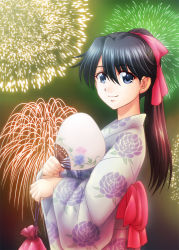 Rule 34 | 10s, 1girl, bag, black hair, blue eyes, hand fan, fireworks, floral print, from side, hair ribbon, high ponytail, highres, houshou (kancolle), japanese clothes, kantai collection, kimono, majin go!, neck, paper fan, ribbon, smile, solo, uchiwa, upper body