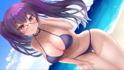 Rule 34 | 1girl, beach, bikini, blush, breasts, choker, cleavage, closed mouth, commission, day, glasses, hand on own thigh, highres, large breasts, long hair, looking at viewer, navel, ocean, original, outdoors, purple bikini, purple eyes, purple hair, red-framed eyewear, reityana, skeb commission, smile, solo, swimsuit, twintails, water