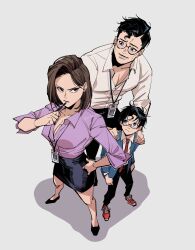 Rule 34 | 1girl, 2boys, black footwear, black hair, black pants, black skirt, blue eyes, blue jacket, breasts, brown hair, child, clark kent, cleavage, closed mouth, collarbone, collared shirt, dc comics, earrings, father and son, full body, glasses, grey background, hair behind ear, hand on own hip, hands on another&#039;s shoulders, highres, hokkemaruyaki, holding, holding pen, husband and wife, jacket, jewelry, jonathan kent, lois lane, long sleeves, looking at another, medium breasts, medium hair, mother and son, multiple boys, necktie, pants, parted lips, pen, pencil skirt, purple eyes, red footwear, red necktie, reporter, serious, shirt, simple background, skirt, stud earrings, superboy, superman, superman (series), sweatdrop, twitter username