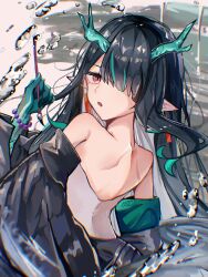 Rule 34 | 1girl, arknights, backless dress, backless outfit, bare shoulders, black hair, calligraphy brush, commentary request, dragon horns, dress, dusk (arknights), from behind, grey hair, hair over shoulder, hand up, highres, holding, holding paintbrush, horns, looking at viewer, looking back, multicolored hair, paintbrush, parted lips, pointy ears, red eyes, solo, two-tone hair, user xyyd2722, water, white dress