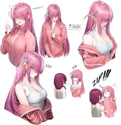 Rule 34 | 2girls, ?, absurdres, atsumi 7, blue eyes, blush, bocchi the rock!, breasts, cleavage, cube hair ornament, gotoh hitori, hair ornament, hair over one eye, highres, hiroi kikuri, jacket, large breasts, long hair, multiple girls, multiple views, pink hair, red hair, simple background, sweat, track jacket, white background, zipping