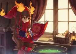 Rule 34 | 1girl, basket, belt, black eyes, book, bookshelf, bread, brown hair, bubble, cauldron, curtains, fire, food, frying pan, gloves, hair between eyes, hat, holding, holding book, indoors, lantern, light, light particles, light rays, liquid, long hair, neko sheep, open book, original, plant, potted plant, pouch, red gloves, red hat, scratches, solo, steam, thinking, window, witch