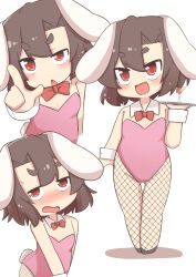 Rule 34 | 1girl, :d, alternate costume, animal ears, black hair, blush, bow, bowtie, cherry, cocktail, commentary request, detached collar, fishnet pantyhose, fishnets, flat chest, floppy ears, food, fruit, full body, highres, holding, holding tray, inaba tewi, leotard, looking at viewer, martini, multiple views, ooyama bokuchi, open mouth, pantyhose, pink leotard, playboy bunny, rabbit ears, rabbit tail, red bow, red eyes, red neckwear, short hair, simple background, smile, strapless, strapless leotard, tail, thick eyebrows, touhou, tray, upper body, white background, wrist cuffs