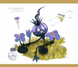 Rule 34 | artist name, chandelure, closed mouth, commentary request, creatures (company), flower, game freak, gen 5 pokemon, grass, highres, litwick, lunarria, nintendo, no humans, orange eyes, plant roots, pokemon, pokemon (creature), purple flower, signature, smile, white background