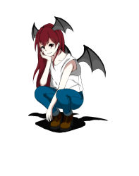 Rule 34 | 1girl, alternate costume, bat wings, between legs, boots, casual, collarbone, commentary request, danboru (jdanboru1182), denim, full body, head rest, head wings, highres, jeans, koakuma, long hair, looking at viewer, pants, red eyes, red hair, shadow, shirt, simple background, sleeveless, smile, solo, squatting, t-shirt, touhou, white background, wings