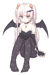 Rule 34 | 1girl, :o, bare shoulders, bat hair ornament, bat wings, black dress, black gloves, black pantyhose, blue eyes, blush, collarbone, dress, elbow gloves, expressionless, fang, flat chest, foreshortening, frilled gloves, frills, full body, gloves, hair bobbles, hair ornament, hands on own knees, highres, jewelry, long hair, multicolored eyes, necklace, no pupils, no shoes, original, pantyhose, parted lips, pendant, pointy ears, red eyes, shone, simple background, sitting, solo, star (symbol), star print, strapless, strapless dress, tooth, twintails, white background, wings