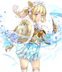 Rule 34 | 10s, 1girl, :o, armor, blonde hair, blue eyes, brown gloves, cube, gloves, hair rings, hairband, last period, lisa (last period), looking at viewer, radiosity (yousei), shoulder armor, skirt, solo, standing, thighhighs, twintails, wand, white skirt, white thighhighs