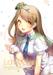 Rule 34 | 10s, 1girl, blush, brown hair, character name, copyright name, earrings, fingerless gloves, gloves, hair ornament, hairclip, jewelry, liang, love live!, love live! school idol festival, love live! school idol project, minami kotori, necktie, side ponytail, smile, solo, white gloves, yellow eyes