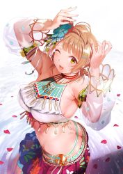 Rule 34 | 1girl, ;d, alternate hairstyle, armpits, arms up, ass, bare shoulders, bikini, bikini top only, breasts, brown hair, butt crack, fingernails, floral print, flower, hair flower, hair ornament, halterneck, halterneck, harem outfit, highres, jewelry, kitiroku, large breasts, layered skirt, light blush, long hair, love live!, love live! school idol project, midriff, minami kotori, miniskirt, necklace, one eye closed, open mouth, pleated skirt, print skirt, see-through, see-through sleeves, skirt, smile, solo, swimsuit, tassel, yellow eyes