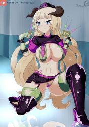 Rule 34 | 1girl, absurdres, arknights, artist name, belt, between fingers, bikini, blonde hair, blue eyes, boots, breasts, commentary, cosplay, covered erect nipples, english commentary, fate/grand order, fate (series), florence nightingale (fate), florence nightingale (fate) (cosplay), florence nightingale (trick or treatment) (fate), florence nightingale (trick or treatment) (fate) (cosplay), full body, garter straps, gloves, green bikini, green gloves, green thighhighs, hat, high heel boots, high heels, highres, holding, horns, large breasts, long hair, mirindraws, name connection, navel, nightingale (arknights), nurse cap, official alternate costume, on one knee, patreon logo, patreon username, pink belt, pink bikini, pink ribbon, purple footwear, purple hat, purple skirt, purple sleeves, revealing clothes, ribbon, short sleeves, signature, skirt, solo, swimsuit, syringe, thighhighs, thighhighs under boots