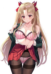 Rule 34 | 1girl, bad id, bad twitter id, blonde hair, blush, breasts, brown pantyhose, cleavage, clothes lift, collarbone, collared shirt, contemporary, crotch seam, dress shirt, ereshkigal (fate), fate/grand order, fate (series), green jacket, harimoji, jacket, long hair, long sleeves, looking at viewer, medium breasts, open clothes, open jacket, open mouth, open shirt, panties, panties under pantyhose, pantyhose, parted bangs, pink panties, red eyes, red skirt, shirt, simple background, skirt, skirt lift, thighband pantyhose, thighs, two side up, underwear, white background, white shirt