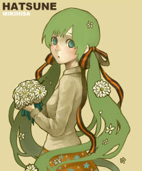 Rule 34 | 1girl, alternate hairstyle, bad id, bad pixiv id, bouquet, daisy, flower, hair flower, hair ornament, hatsune miku, looking at viewer, low twintails, mikihisa415, solo, twintails, vocaloid