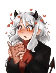 Rule 34 | 1girl, blazer, blush, book, demon girl, demon horns, heart, heart-shaped pupils, helltaker, highres, holding, holding book, horns, jacket, modeus (helltaker), modokii, open mouth, red eyes, red sweater, ribbed sweater, self-upload, silver hair, solo, sweater, symbol-shaped pupils, tail, turtleneck, white background