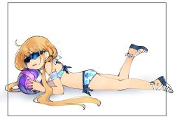 Rule 34 | 1girl, ahoge, annoyed, armband, ball, bare legs, bikini, blonde hair, border, commentary, cosplay, crossover, futaba anzu, idolmaster, idolmaster cinderella girls, idolmaster million live!, idolmaster million live! theater days, long hair, looking at viewer, low twintails, lying, miridereningen, on stomach, sandals, solo, sports sunglasses, sunglasses, swimsuit, toyokawa fuka, toyokawa fuka (cosplay), twintails, very long hair, volleyball, volleyball (object), white background