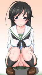 Rule 34 | 1girl, ahoge, black hair, blue eyes, blush, bra, breasts, cameltoe, closed mouth, collarbone, girls und panzer, gradient background, green skirt, groin, highres, isuzu hana, large breasts, looking at viewer, nandemo kanden, no panties, ooarai school uniform, panties, pink background, pussy, pussy juice, school uniform, see-through, shiny skin, simple background, skirt, solo, squatting, striped bra, striped clothes, striped panties, underwear