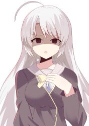 Rule 34 | 1girl, absurdres, ahoge, angry, ayachi nene, black eyes, black jacket, breasts, cleveland1024, commentary request, grey hair, grey sailor collar, hair between eyes, hand on own chest, hand up, highres, impossible clothes, jacket, large breasts, long hair, long sleeves, looking at viewer, open mouth, sailor collar, sanoba witch, school uniform, serafuku, shaded face, sidelocks, simple background, solo, straight-on, straight hair, upper body, v-shaped eyebrows, very long hair, white background