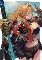 Rule 34 | 1girl, blonde hair, blue eyes, blush, bra, breasts, burari, cleavage, granblue fantasy, hair intakes, hair ornament, large breasts, long hair, looking at viewer, navel, smile, solo, thighhighs, torn clothes, underwear, weapon, zeta (granblue fantasy)