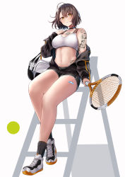 Rule 34 | 1girl, absurdres, arm tattoo, azur lane, baltimore (azur lane), baltimore (black ace) (azur lane), bandaid, bandaid on leg, black choker, breasts, brown hair, chest tattoo, choker, cleavage, commentary request, flower tattoo, full body, highres, holding, holding racket, large breasts, leg tattoo, looking at viewer, midriff, navel, numaguro (tomokun0808), off-shoulder jacket, off shoulder, open clothes, racket, shoes, shoulder tattoo, sitting, sneakers, solo, sports bra, tattoo, tennis racket, unzipped, white sports bra, yellow eyes