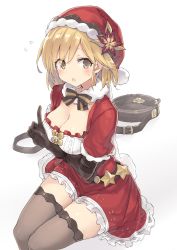 Rule 34 | 10s, 1girl, :o, a (nanananaaannaa), bad id, bad pixiv id, bag, belt, black thighhighs, blonde hair, blush, bow, bowtie, breasts, brown bow, brown bowtie, brown eyes, cleavage, djeeta (granblue fantasy), dress, flower, flying sweatdrops, frilled dress, frills, fur collar, fur trim, granblue fantasy, hand up, hat, large breasts, legs together, looking at viewer, open mouth, poinsettia, pointing, pointing up, red dress, santa costume, santa hat, simple background, sitting, solo, star (symbol), striped bow, striped bowtie, striped clothes, striped neckwear, sweatdrop, thighhighs, thighs, white background, zettai ryouiki