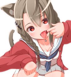 Rule 34 | 1girl, ahoge, animal ears, blue neckerchief, blush, braid, breasts, brown hair, cardigan, cat day, cat ears, cat girl, cat tail, cleavage, collarbone, fangs, female focus, finger in own mouth, french braid, grey skirt, hair between eyes, highres, indie virtual youtuber, kusunoki shio, long hair, looking at viewer, low twin braids, medium breasts, miniskirt, mouth pull, nail polish, neckerchief, nekojima4040, open mouth, pink nails, pleated skirt, red cardigan, red eyes, sailor collar, shirt, simple background, skirt, slit pupils, solo, tail, teeth, tongue, tongue out, transparent background, twin braids, virtual youtuber, white background, white sailor collar, white shirt