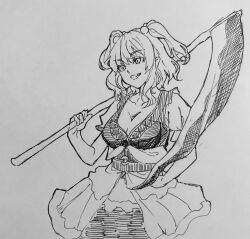 Rule 34 | 1girl, breasts, cleavage, coin, commentary, dress, greyscale, hair bobbles, hair ornament, highres, holding, holding scythe, kanaria (bocmn), large breasts, monochrome, obi, one-hour drawing challenge, onozuka komachi, sash, scythe, short hair, simple background, sketch, smile, solo, touhou, traditional media, two side up