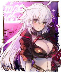 Rule 34 | 1girl, ahoge, bikini, black bikini, black choker, black gloves, black jacket, blush, breasts, brown eyes, choker, cleavage, commentary request, cropped jacket, fate/grand order, fate (series), gloves, hair between eyes, haku (sabosoda), head tilt, jacket, jeanne d&#039;arc alter (swimsuit berserker) (fate), jeanne d&#039;arc (fate), jeanne d&#039;arc alter (fate), jeanne d&#039;arc alter (swimsuit berserker) (fate), large breasts, long hair, looking at viewer, navel, o-ring, o-ring bikini, o-ring top, parted lips, playing with own hair, shrug (clothing), silver hair, solo, sparkle, swimsuit, upper body, very long hair