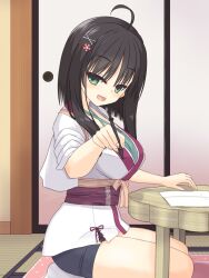 Rule 34 | 1girl, :d, ahoge, black hair, blush, breasts, commentary request, criss-cross halter, from side, green eyes, green shirt, hair ornament, hairclip, halterneck, hand up, happy, highres, hitachi mako, holding, holding pen, indoors, japanese clothes, kimono, large breasts, long sleeves, looking at viewer, open mouth, pen, pointing, pointing at viewer, seiza, senren banka, shirayamakoma, shirt, short hair with long locks, short kimono, sitting, sleeves rolled up, smile, solo, straight hair, tsurime, white kimono, x hair ornament