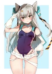 Rule 34 | 1girl, amatsukaze (kancolle), black one-piece swimsuit, breasts, brown eyes, chigasaki yukari, clothes writing, competition swimsuit, cosplay, cowboy shot, garter straps, gloves, grey hair, hair ornament, hair tubes, highleg, highleg swimsuit, highres, kantai collection, long hair, looking at viewer, one-piece swimsuit, salute, scamp (kancolle), scamp (kancolle) (cosplay), short shorts, shorts, small breasts, solo, standing, star (symbol), star hair ornament, swimsuit, two side up, white gloves, white hair, white shorts