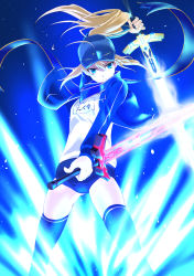 Rule 34 | 1girl, ahoge, artoria pendragon (fate), blonde hair, blue eyes, breasts, buruma, commentary request, dual wielding, fate/grand order, fate (series), feet out of frame, glowing, glowing sword, glowing weapon, gluteal fold, hair between eyes, hat, highres, holding, holding sword, holding weapon, jacket, long hair, long sleeves, looking at viewer, mysterious heroine x (fate), ponytail, small breasts, solo, sword, thighhighs, tsuzuki masumi, weapon