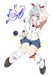 Rule 34 | 1girl, absurdres, alternate costume, blue eyes, blue skirt, brown footwear, character signature, coffee cup, cup, demon tail, demon wings, disposable cup, dress shirt, fangs, geega (vtuber), grey hair, hair ornament, heterochromia, high ponytail, highres, hood, hoodie, knees together feet apart, loafers, long hair, long sleeves, looking at viewer, neck ribbon, partially unzipped, pointy ears, red eyes, red ribbon, ribbon, school uniform, shirt, shoes, sidelocks, sitting, skirt, smile, solo, tail, teeth, v, virtual youtuber, vshojo, white background, white leg warmers, white shirt, wing hair ornament, wings, yncs 54