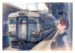 Rule 34 | 1girl, bag, blue eyes, blush, border, bow, brown hair, daito, day, looking at viewer, original, outdoors, red bow, shirt, short hair, smile, solo, sweater vest, train, upper body, white border, white shirt
