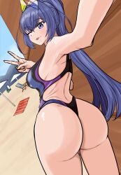 Rule 34 | 1girl, ass, azur lane, beach, blue hair, closed mouth, female focus, from behind, highres, long hair, looking at viewer, looking back, new jersey (azur lane), one eye closed, outdoors, ponytail, smile, solo, swimsuit, tongue, tongue out, v