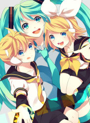 Rule 34 | 1boy, 2girls, :q, achiki, aqua eyes, aqua hair, ascot, bad id, bad pixiv id, blonde hair, blue eyes, bow, brother and sister, collarbone, detached sleeves, green eyes, green hair, hair bow, hatsune miku, headphones, kagamine len, kagamine rin, long hair, looking at viewer, multiple girls, necktie, open mouth, short hair, siblings, smile, tongue, tongue out, twintails, very long hair, vocaloid