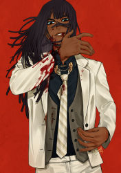 Rule 34 | 1girl, alternate costume, androgynous, artist name, black hair, blood, blood on clothes, blood on face, blood on hands, blood splatter, brown lips, buttons, collared jacket, collared shirt, dark-skinned female, dark skin, floating hair, formal, green eyes, green shirt, grey vest, hand up, highres, jacket, lips, long hair, long sleeves, looking at viewer, necktie, nico robin, one piece, open clothes, open jacket, open vest, pant suit, pants, red background, shirt, simple background, smile, solo, suit, toboldlymuppet, unbuttoned, vest, white jacket, white pants, white suit, wing collar